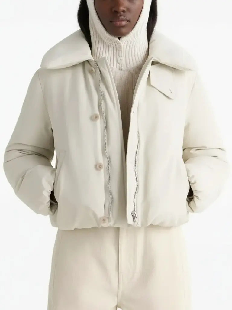 Ivory Cropped Puffer Jacket with Wide Padded Collar - Jackets