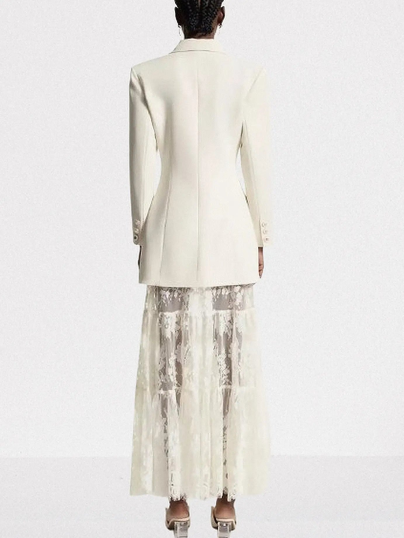 Ivory Double-Breasted Blazer and Sheer Lace Skirt Set - Suits & Sets