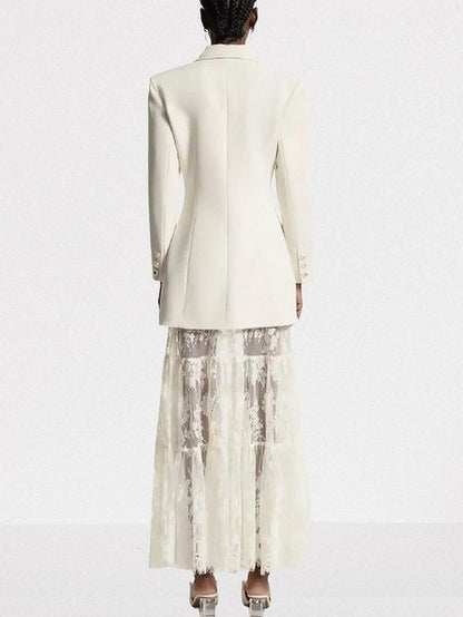 Ivory Double-Breasted Blazer and Sheer Lace Skirt Set - Suits & Sets