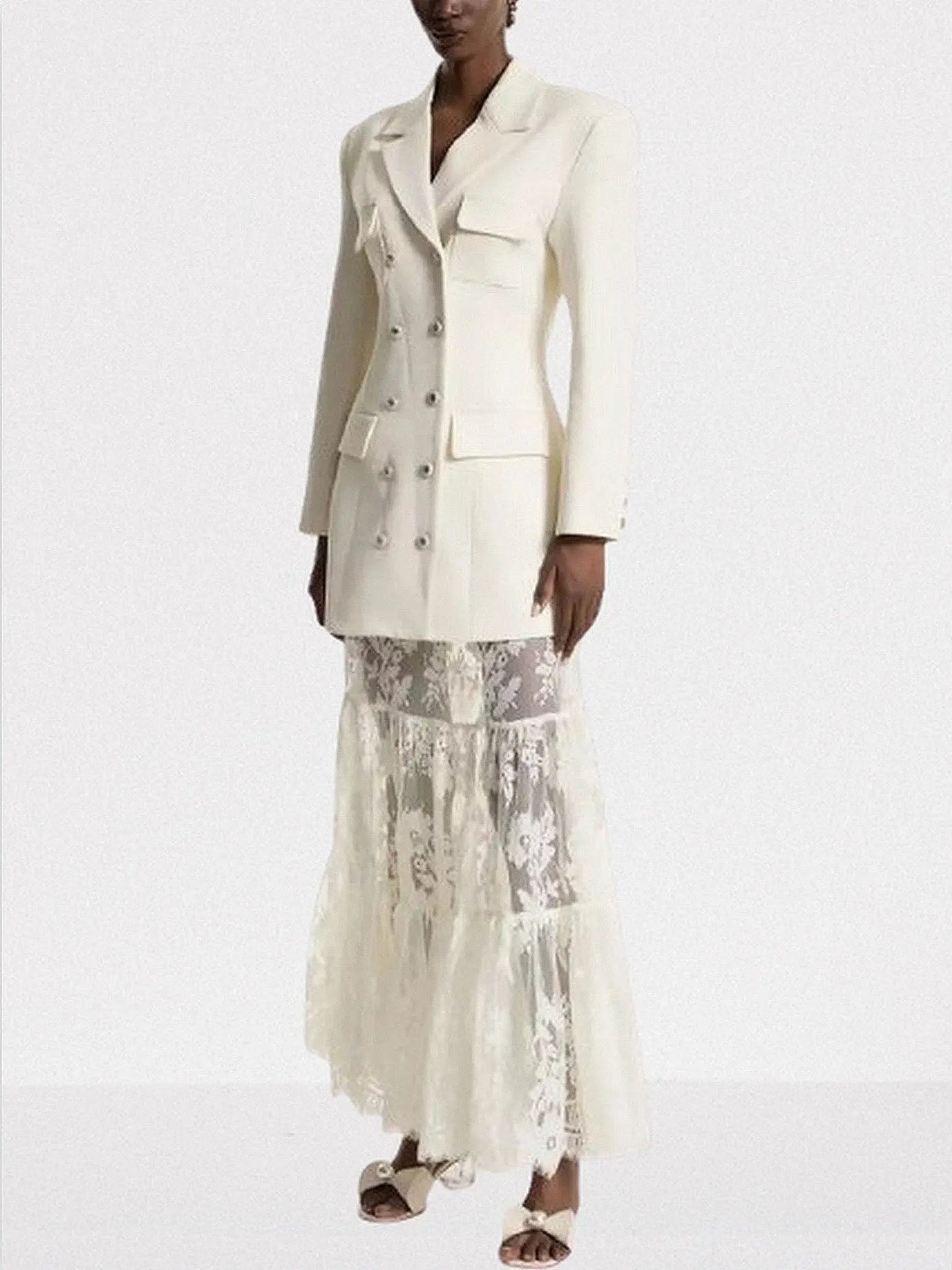 Ivory Double-Breasted Blazer and Sheer Lace Skirt Set - Suits & Sets
