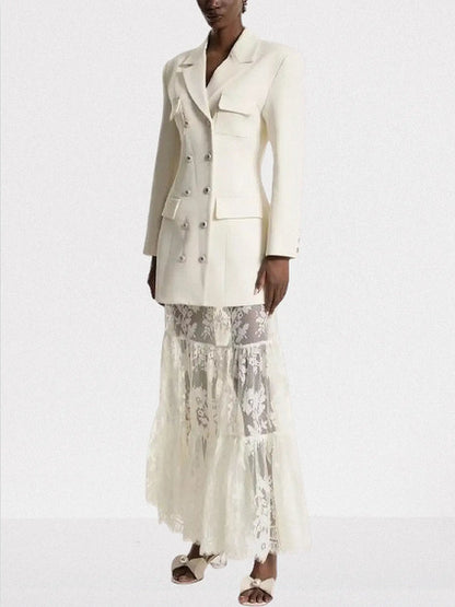 Ivory Double-Breasted Blazer and Sheer Lace Skirt Set - Suits & Sets