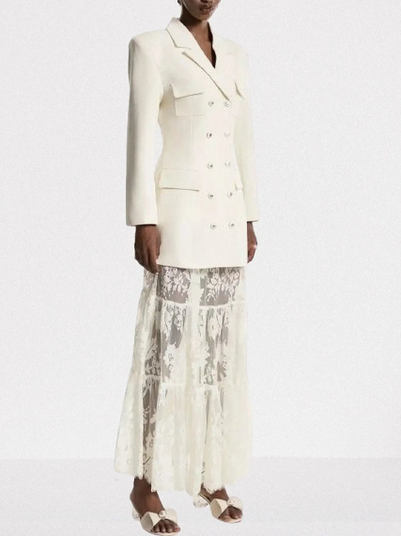 Ivory Double-Breasted Blazer and Sheer Lace Skirt Set - Suits & Sets