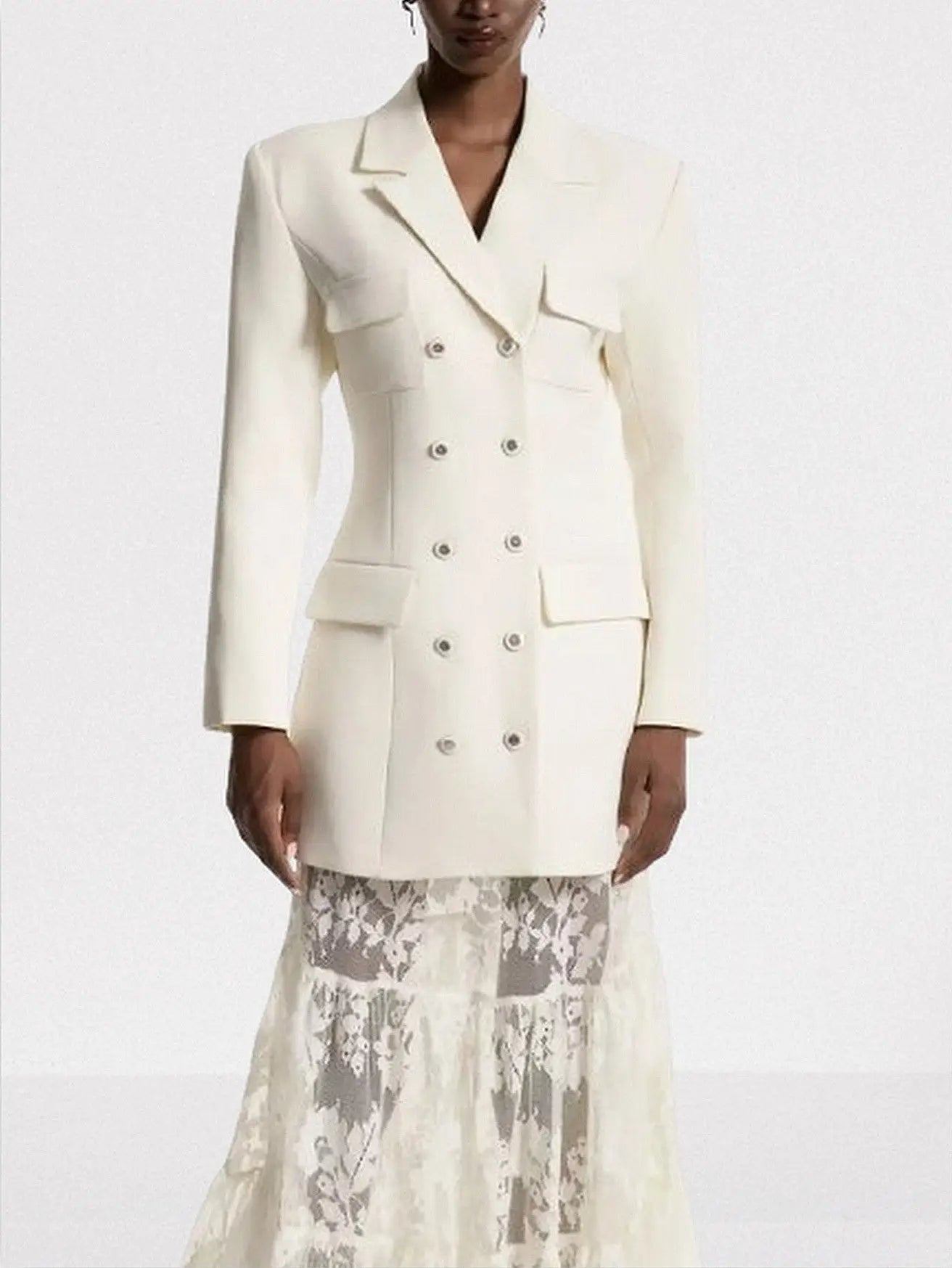 Ivory Double-Breasted Blazer and Sheer Lace Skirt Set - Suits & Sets