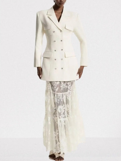 Ivory Double-Breasted Blazer and Sheer Lace Skirt Set - Small - Suits & Sets