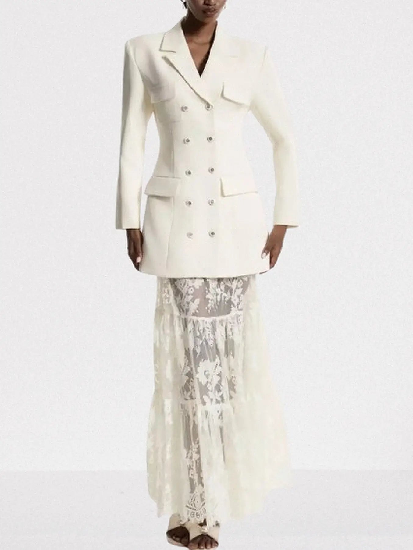 Ivory Double-Breasted Blazer and Sheer Lace Skirt Set - Suits & Sets
