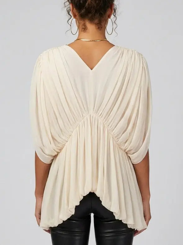 Ivory Draped Gathered V-Neck Top - Tops