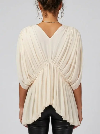 Ivory Draped Gathered V-Neck Top - Tops