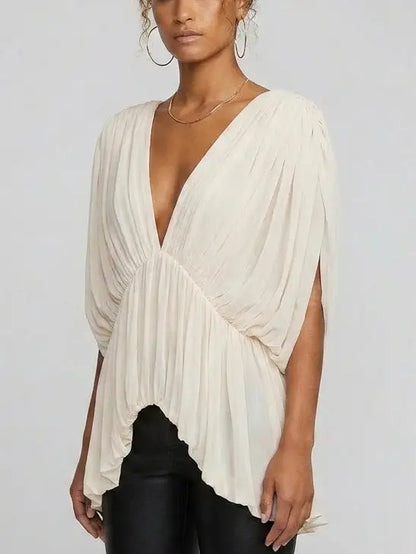 Ivory Draped Gathered V-Neck Top - Tops