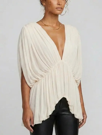 Ivory Draped Gathered V-Neck Top - Tops