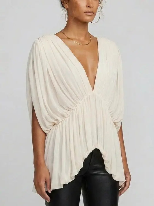 Ivory Draped Gathered V-Neck Top - Tops