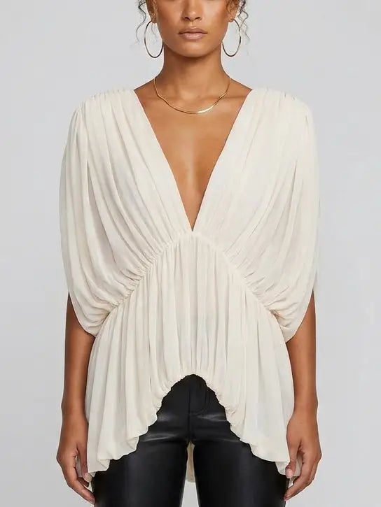 Ivory Draped Gathered V-Neck Top - Tops