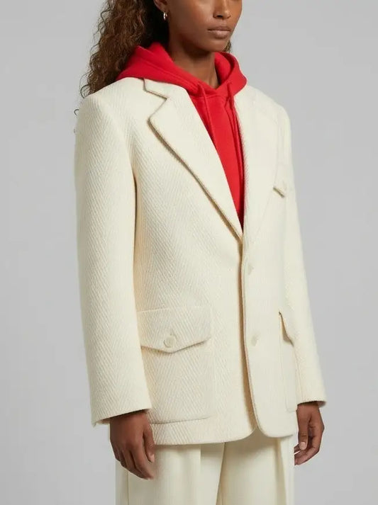 Ivory Herringbone Wool Blend Blazer - Jackets