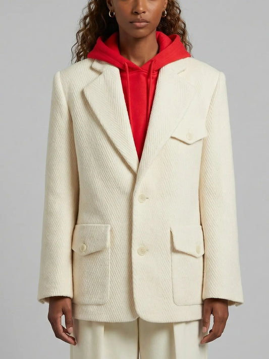 Ivory Herringbone Wool Blend Blazer - Small - Jackets