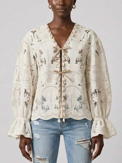 Ivory Lace Tie Front Cotton Blouse - Tops