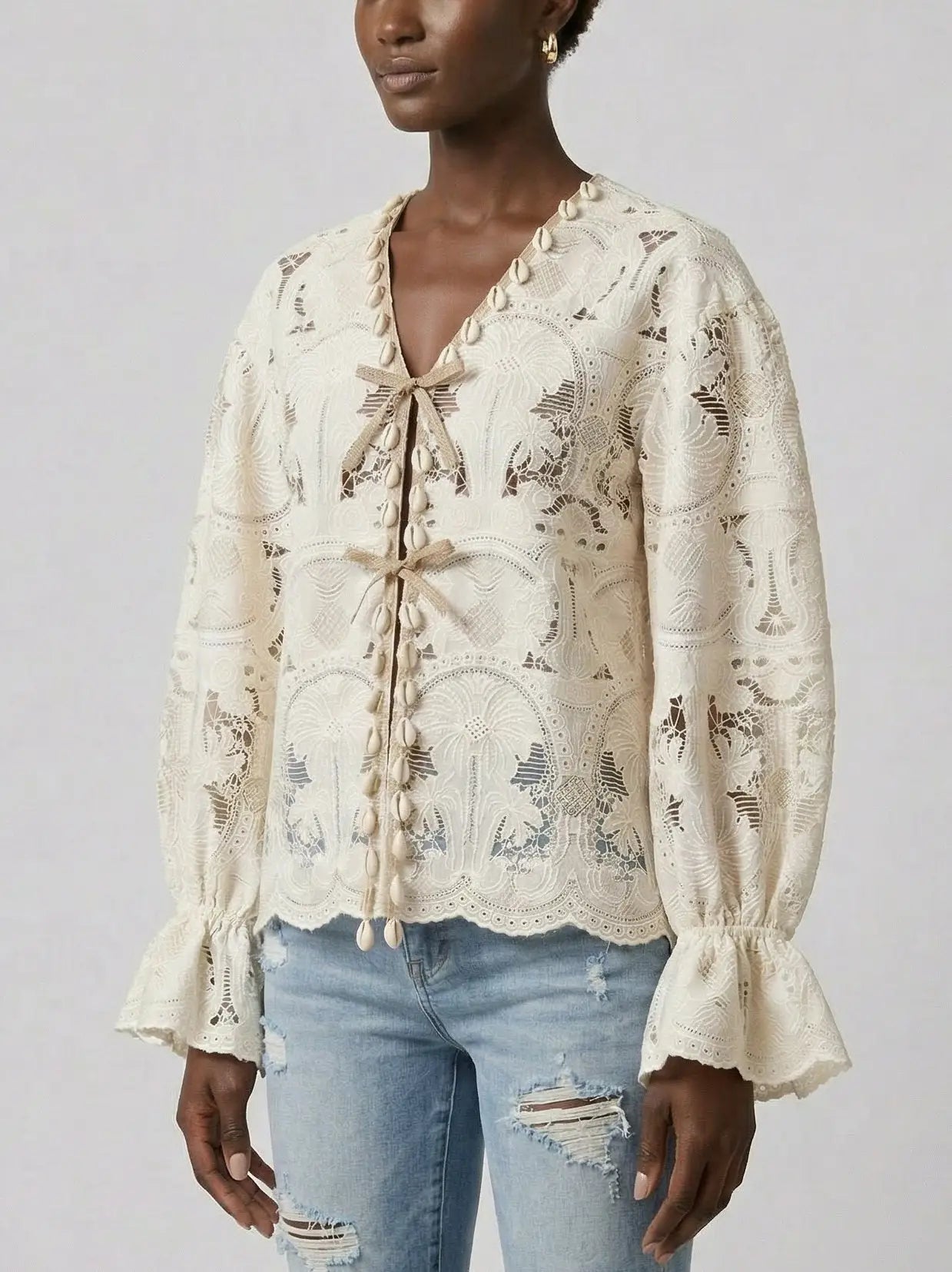 Ivory Lace Tie Front Cotton Blouse - Tops