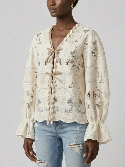 Ivory Lace Tie Front Cotton Blouse - Tops
