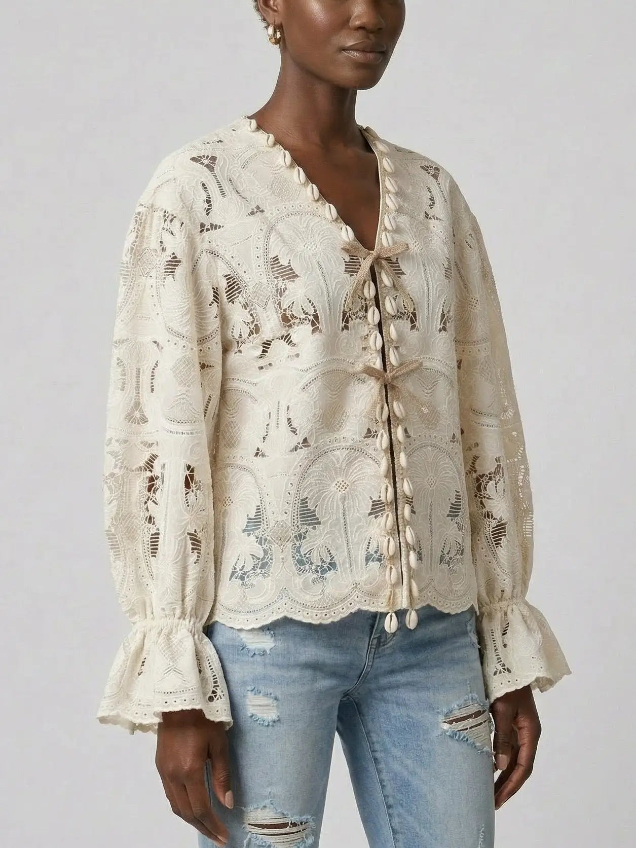 Ivory Lace Tie Front Cotton Blouse - Tops