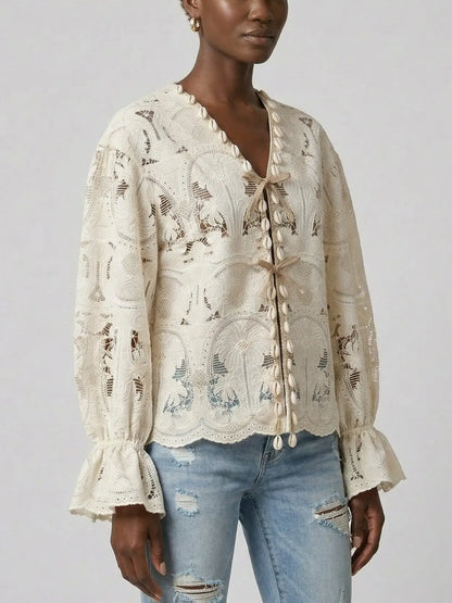 Ivory Lace Tie Front Cotton Blouse - Tops