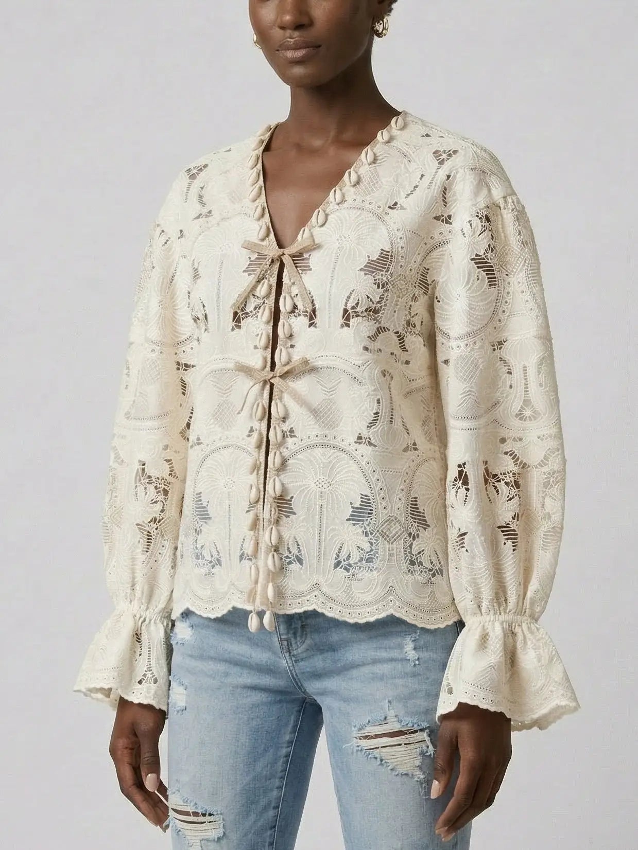 Ivory Lace Tie Front Cotton Blouse - Tops