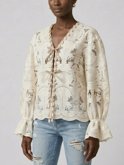 Ivory Lace Tie Front Cotton Blouse - Tops