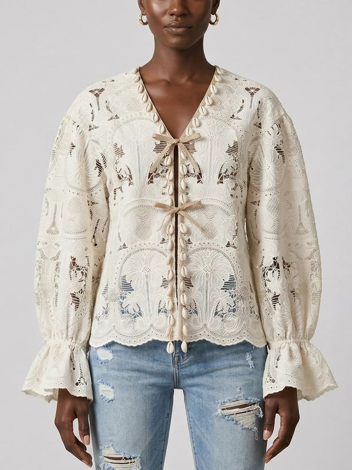 Ivory Lace Tie Front Cotton Blouse - Small - Tops