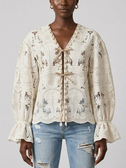 Ivory Lace Tie Front Cotton Blouse - Small - Tops