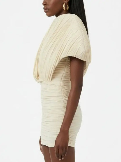 Ivory One-Shoulder Pleated Ruched Mini Dress - Dresses