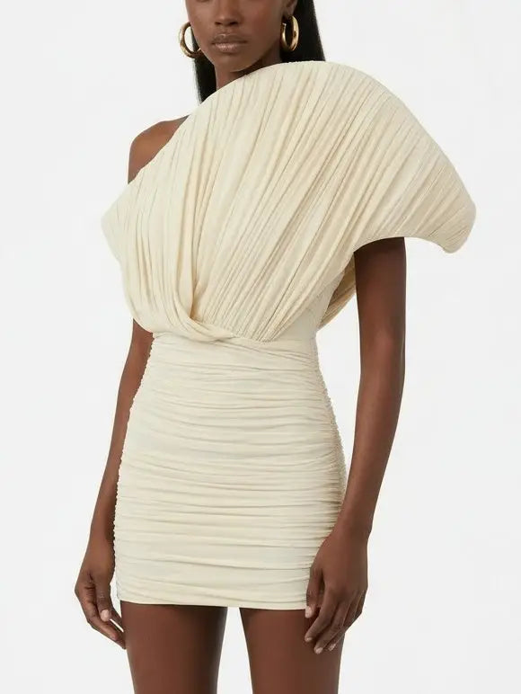 Ivory One-Shoulder Pleated Ruched Mini Dress - Dresses
