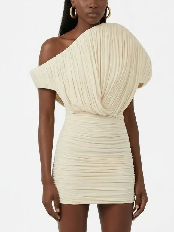 Ivory One-Shoulder Pleated Ruched Mini Dress - Dresses