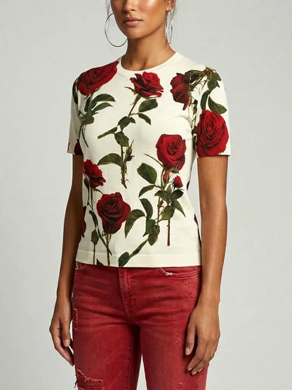Ivory Rose Print Wool Knit T-Shirt Top - Tops