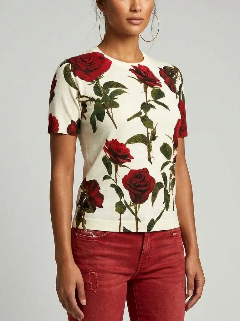 Ivory Rose Print Wool Knit T-Shirt Top - Tops