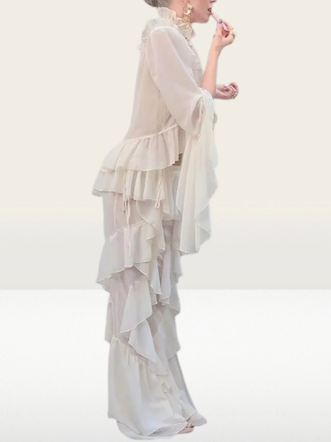 Ivory Ruffled Blouse and Flare Pant Set - Suits & Sets