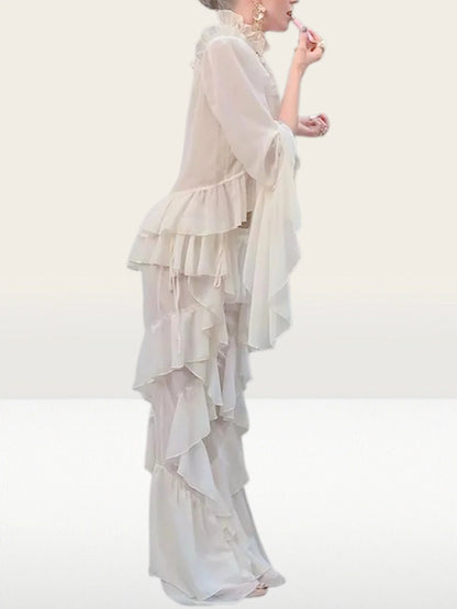 Ivory Ruffled Blouse and Flare Pant Set - Suits & Sets
