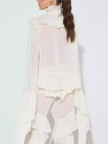 Ivory Ruffled Blouse and Flare Pant Set - Suits & Sets