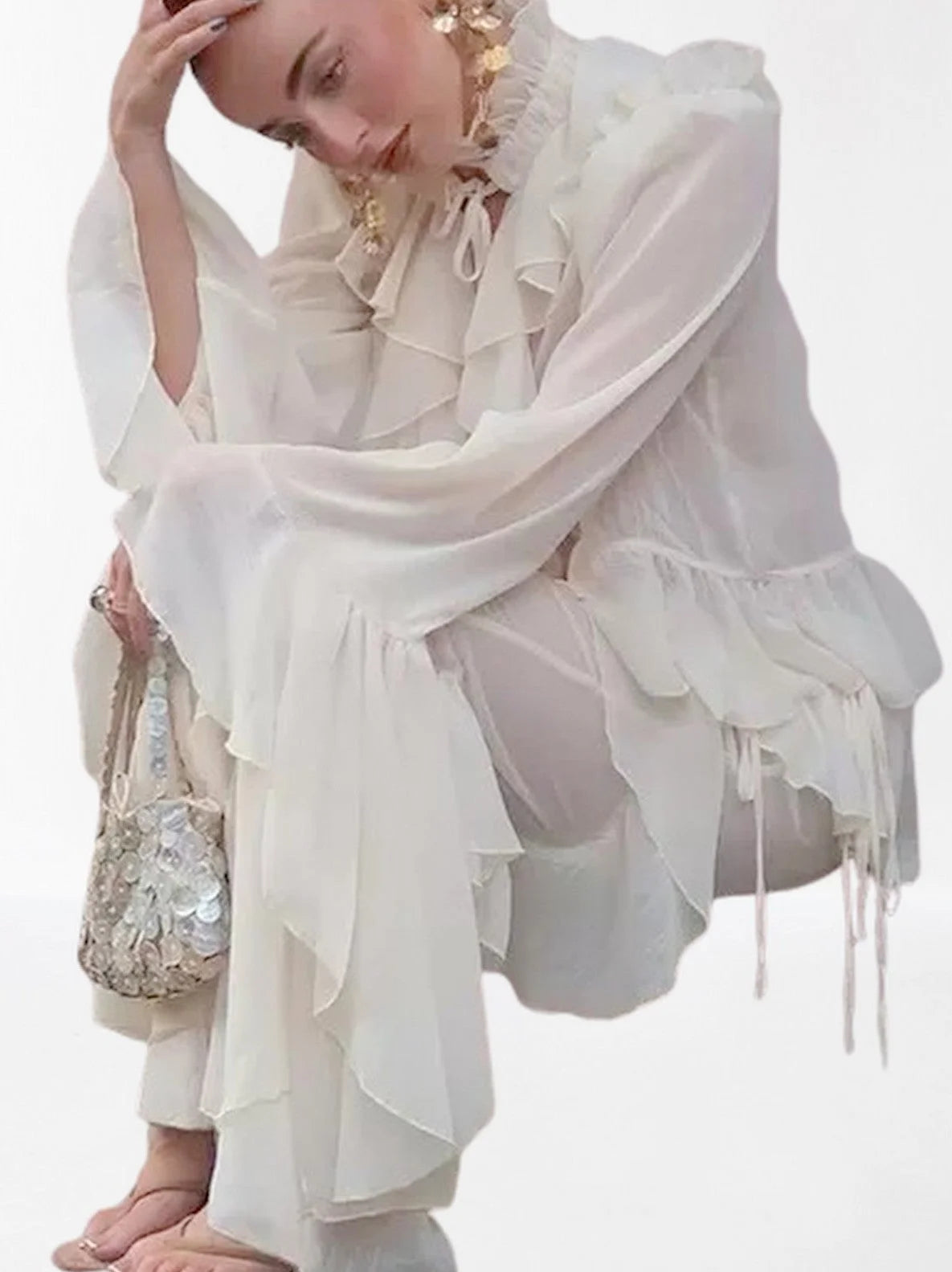 Ivory Ruffled Blouse and Flare Pant Set - Suits & Sets