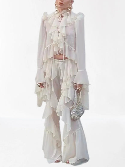 Ivory Ruffled Blouse and Flare Pant Set - Suits & Sets
