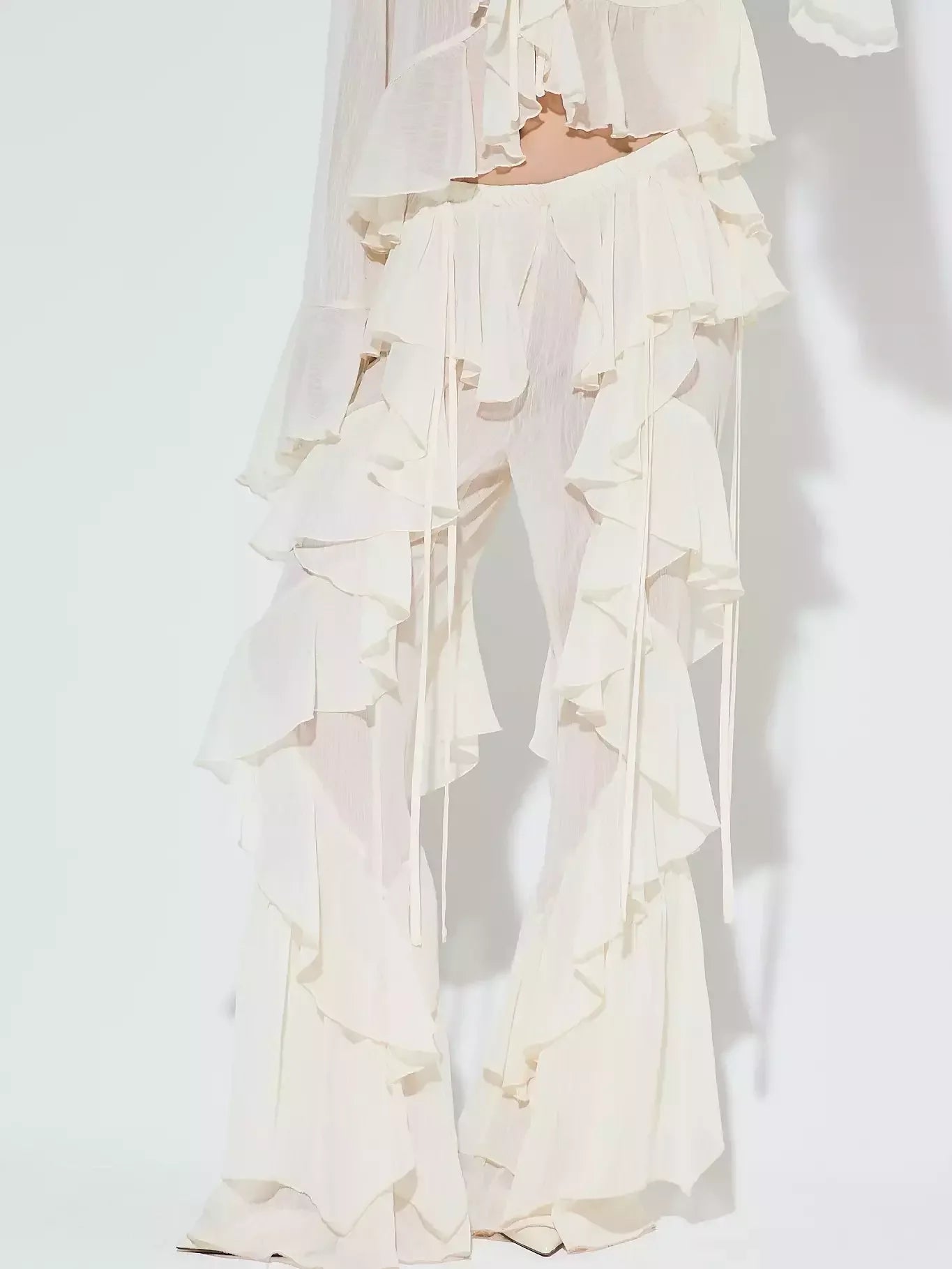 Ivory Ruffled Blouse and Flare Pant Set - Suits & Sets