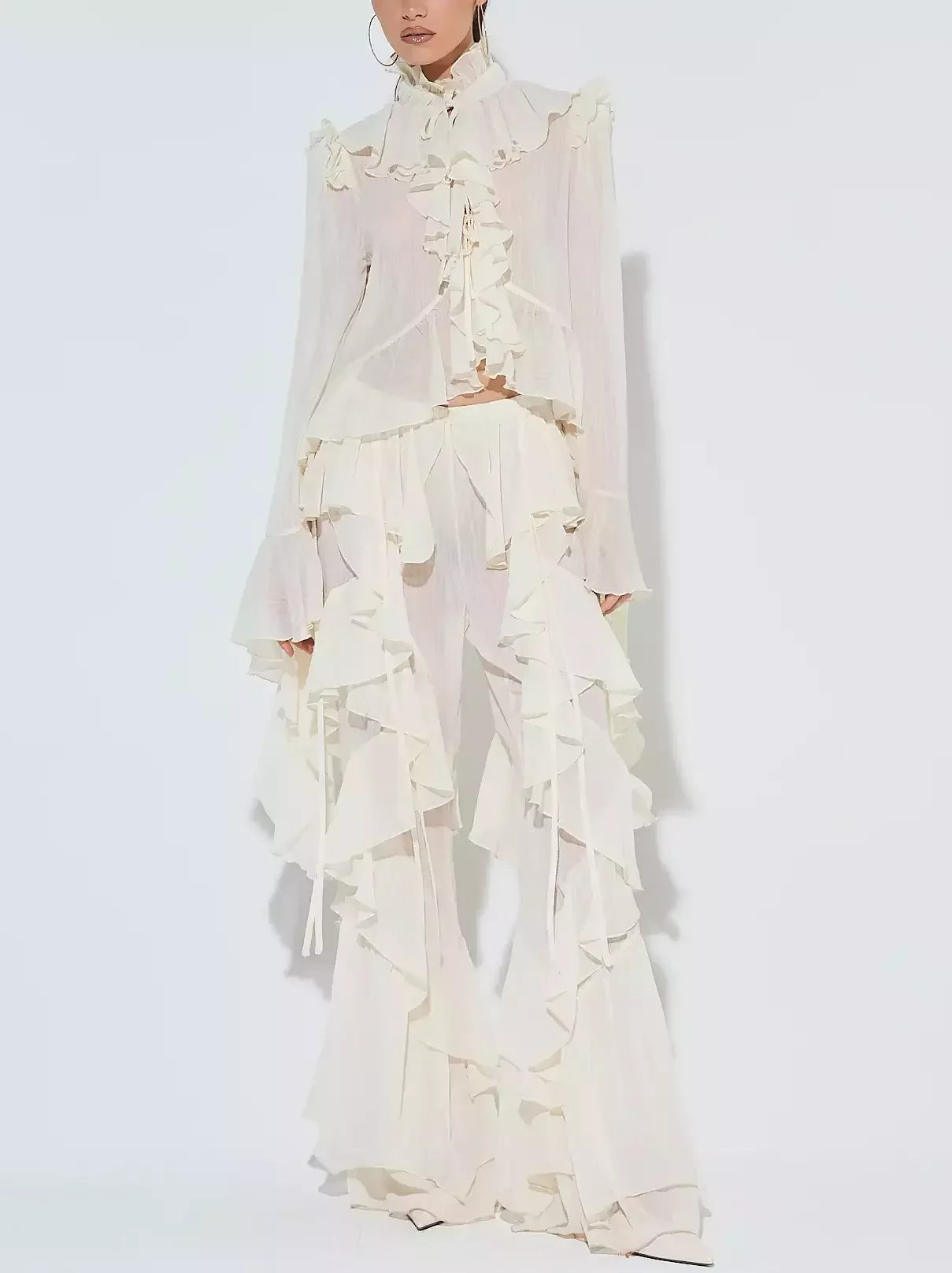 Ivory Ruffled Blouse and Flare Pant Set - Suits & Sets