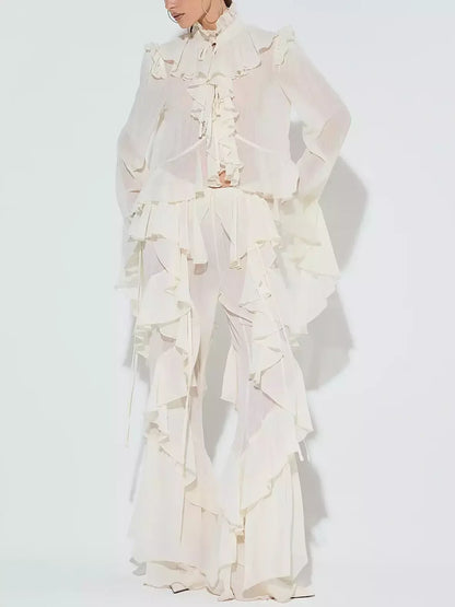 Ivory Ruffled Blouse and Flare Pant Set - Suits & Sets