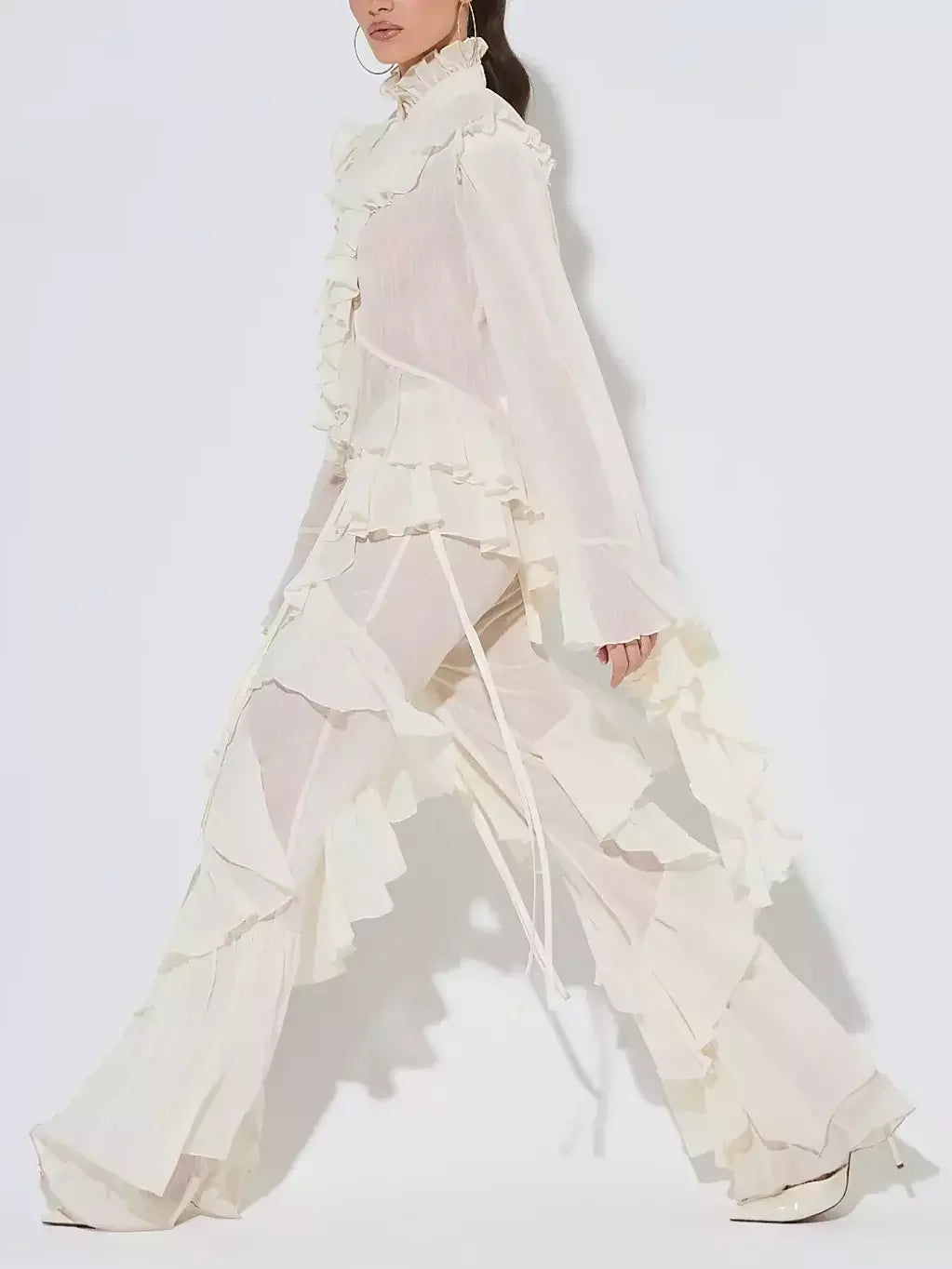 Ivory Ruffled Blouse and Flare Pant Set - Suits & Sets