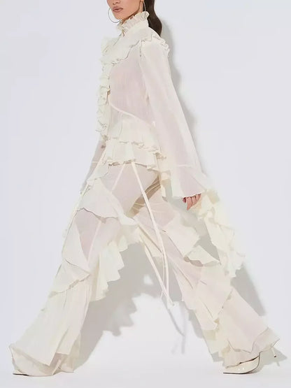 Ivory Ruffled Blouse and Flare Pant Set - Suits & Sets