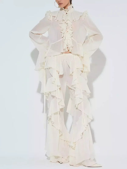 Ivory Ruffled Blouse and Flare Pant Set - Suits & Sets