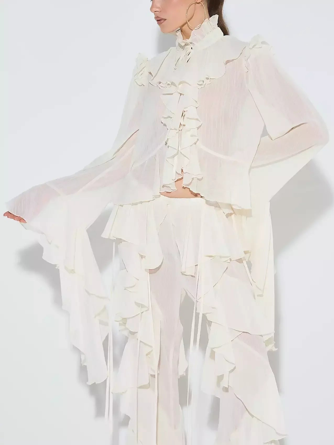 Ivory Ruffled Blouse and Flare Pant Set - Suits & Sets