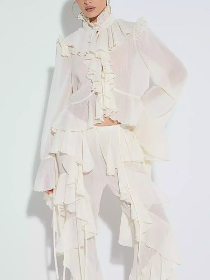 Ivory Ruffled Blouse and Flare Pant Set - Suits & Sets