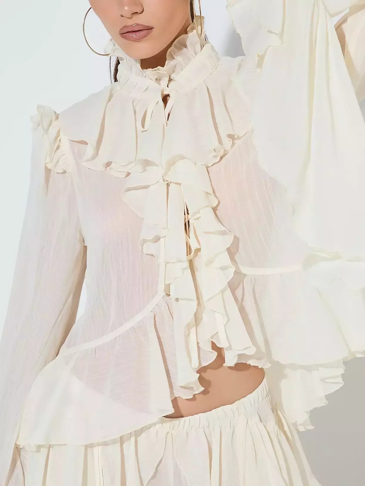 Ivory Ruffled Blouse and Flare Pant Set - Suits & Sets