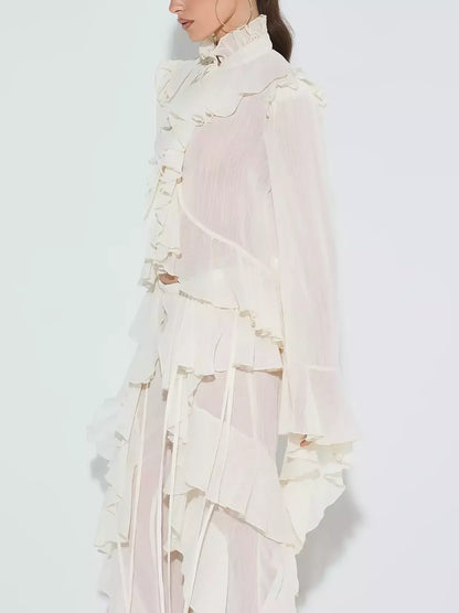 Ivory Ruffled Blouse and Flare Pant Set - Suits & Sets
