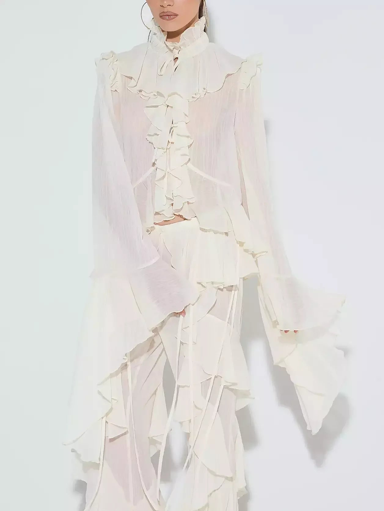 Ivory Ruffled Blouse and Flare Pant Set - Suits & Sets
