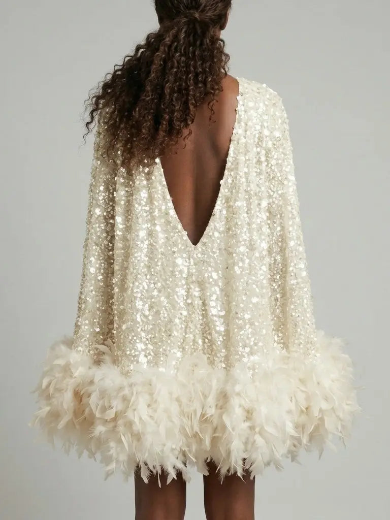Ivory Sequin Feather Trim Mini Dress with Collar - Dresses