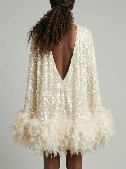 Ivory Sequin Feather Trim Mini Dress with Collar - Dresses