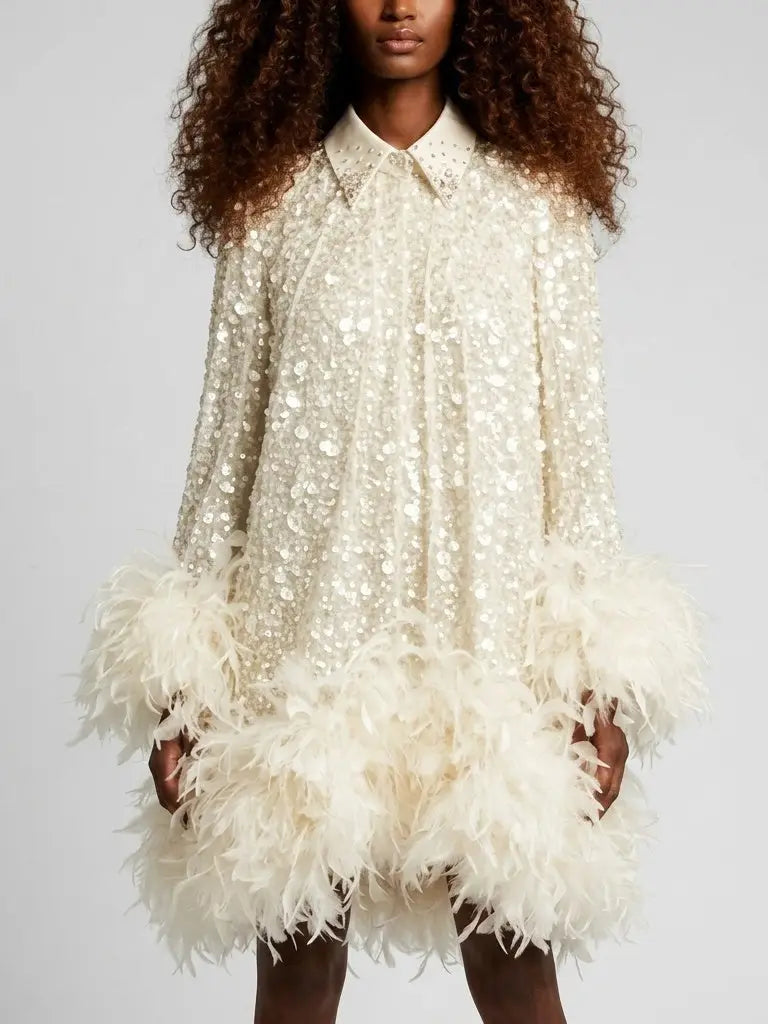 Ivory Sequin Feather Trim Mini Dress with Collar - Dresses